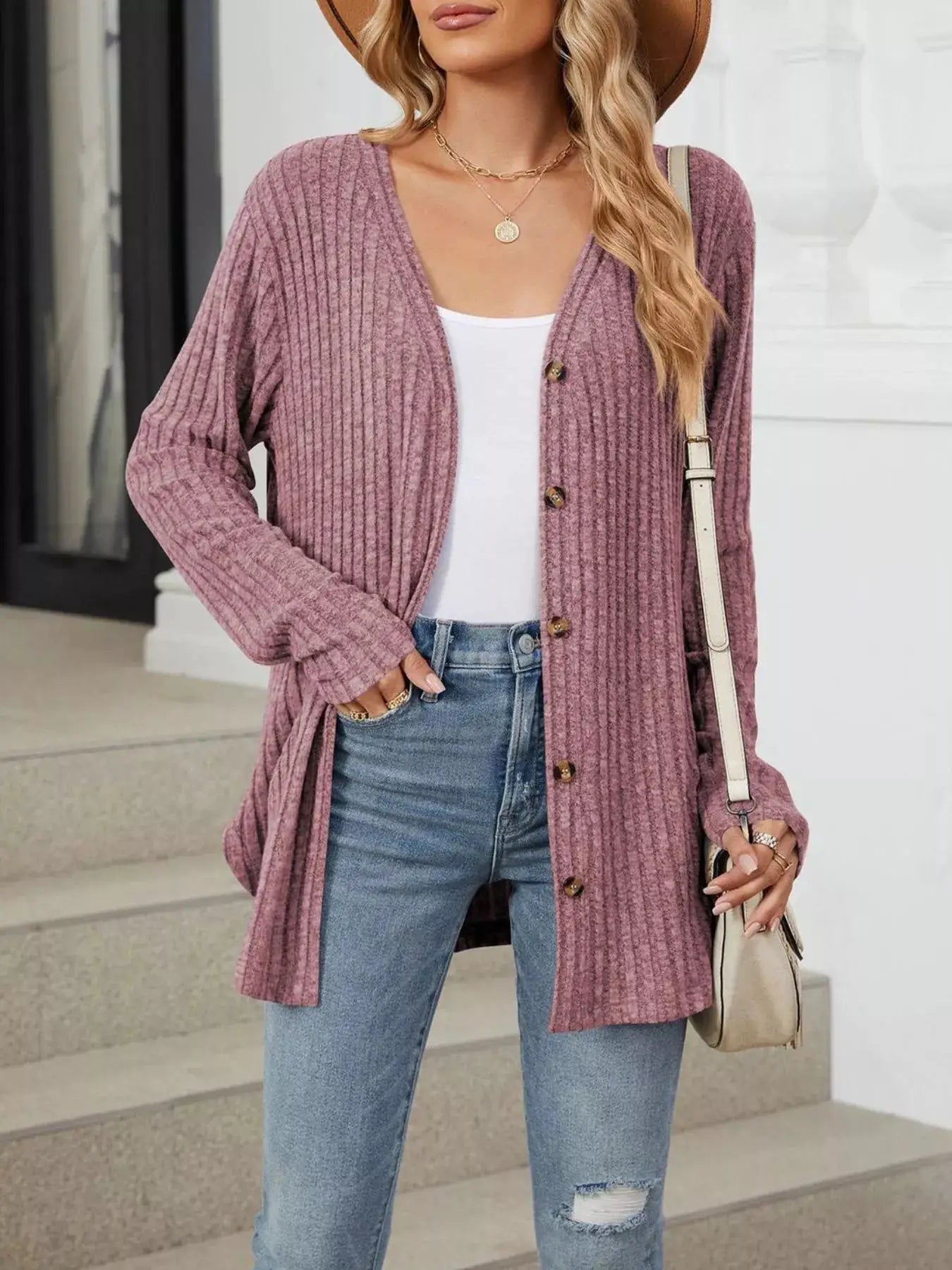 Ribbed Button-Up Cardigan by Trendsi