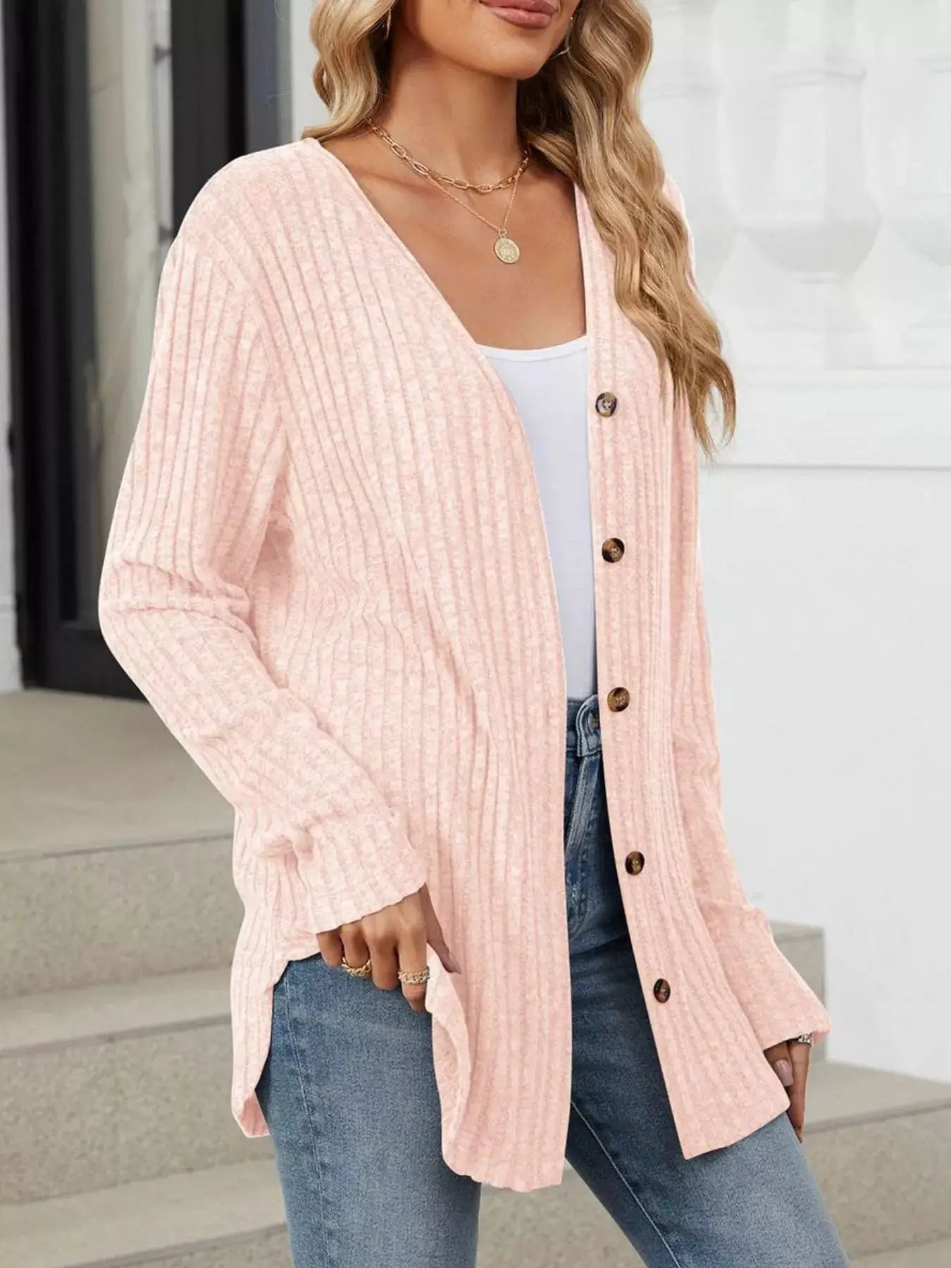Ribbed Button-Up Cardigan by Trendsi