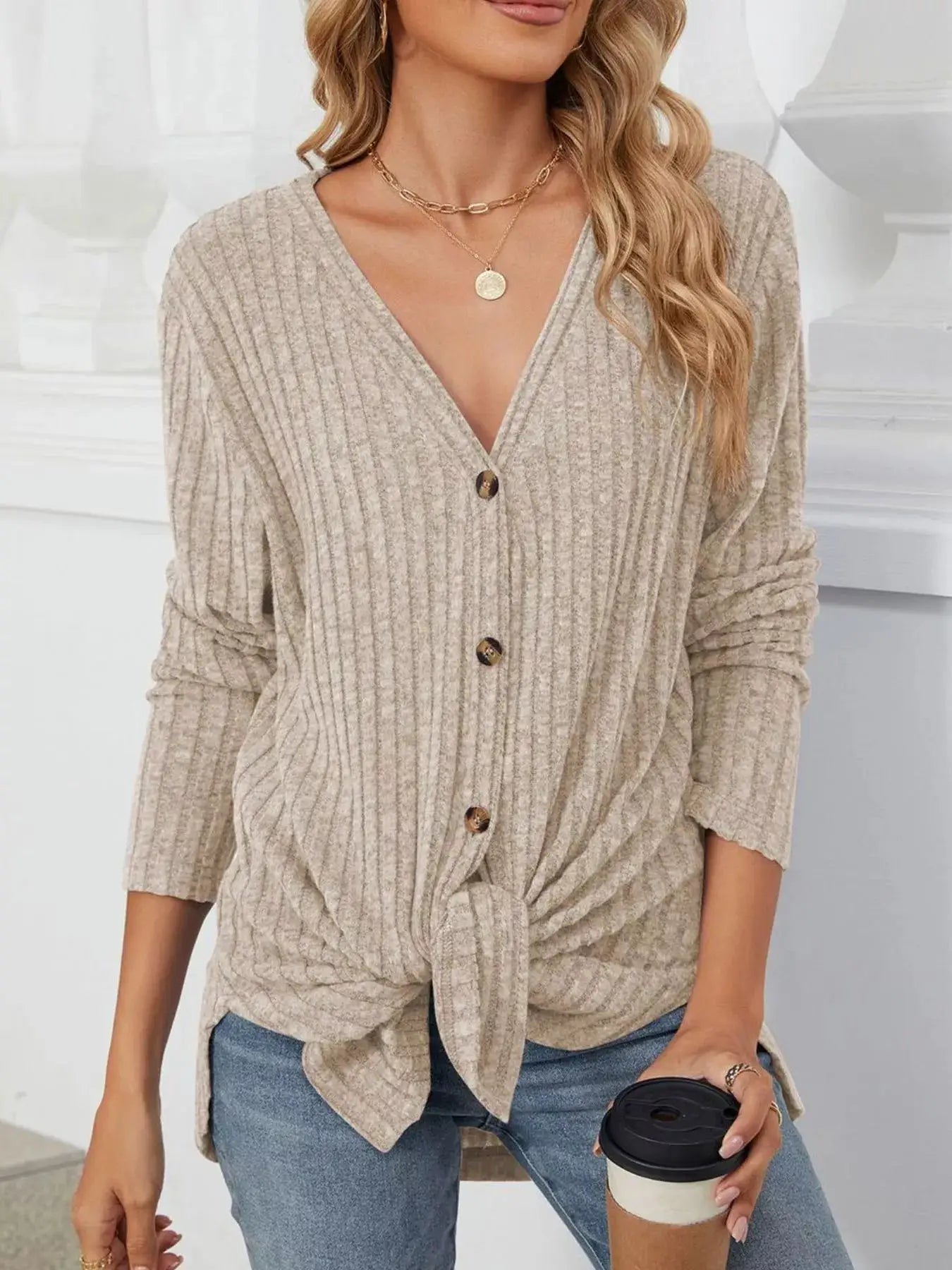 Ribbed Button-Up Cardigan by Trendsi