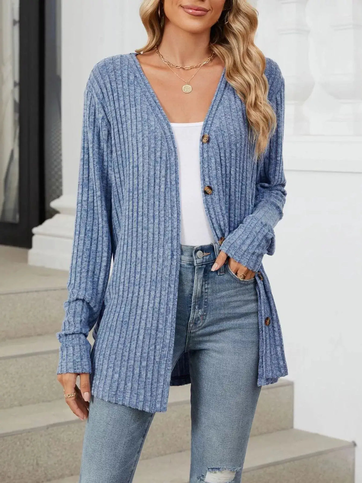 Ribbed Button-Up Cardigan by Trendsi