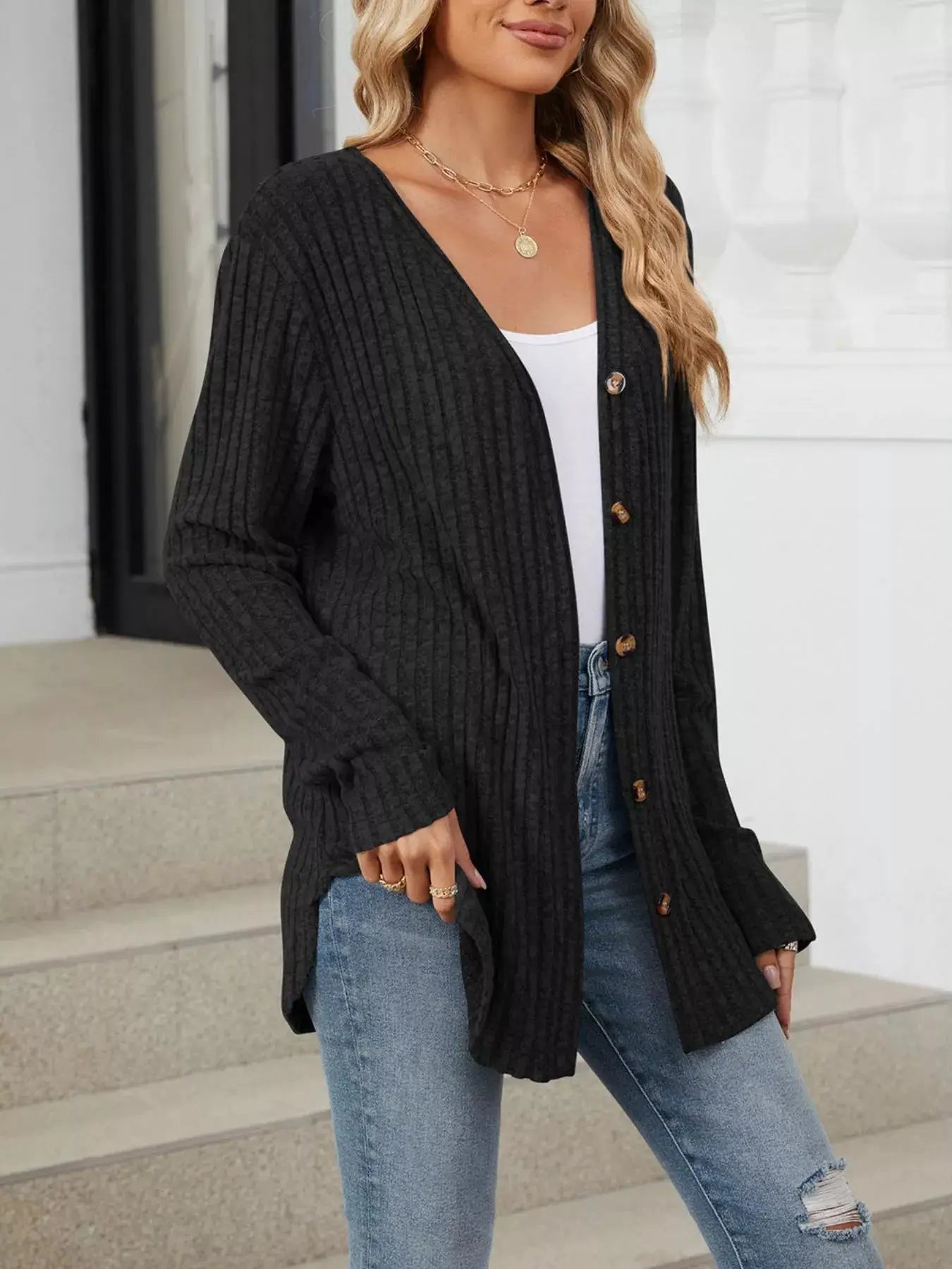 Ribbed Button-Up Cardigan by Trendsi