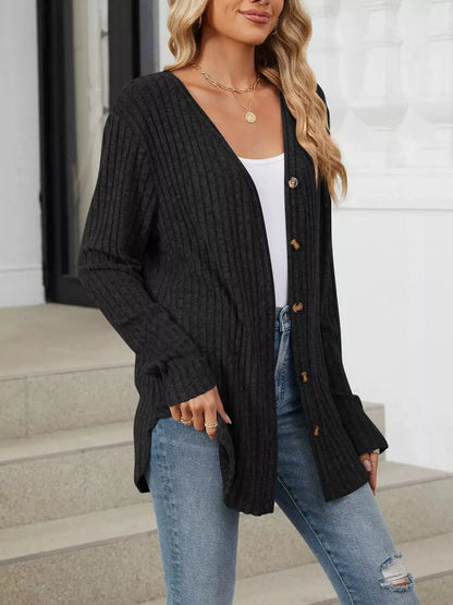 Ribbed Button-Up Cardigan by Trendsi