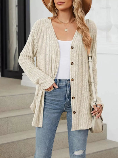 Ribbed Button-Up Cardigan by Trendsi