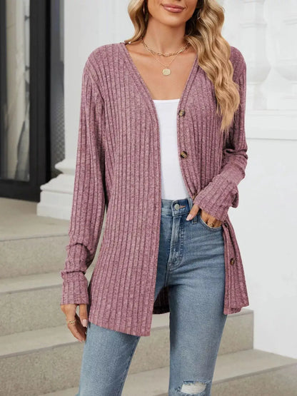 Ribbed Button-Up Cardigan by Trendsi