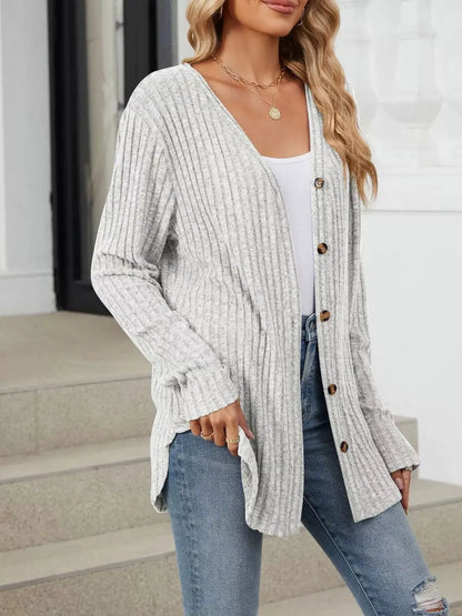 Ribbed Button-Up Cardigan by Trendsi