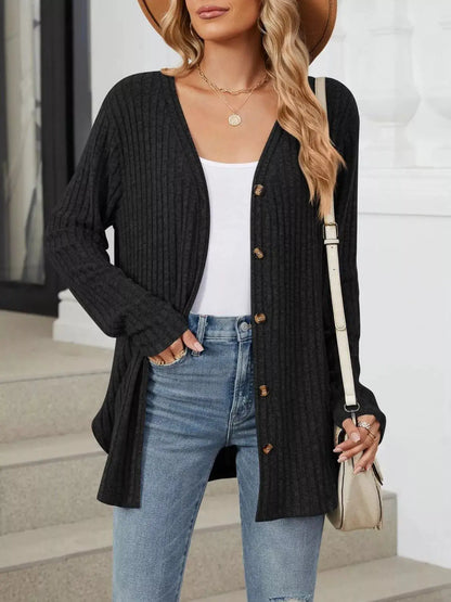 Ribbed Button-Up Cardigan by Trendsi