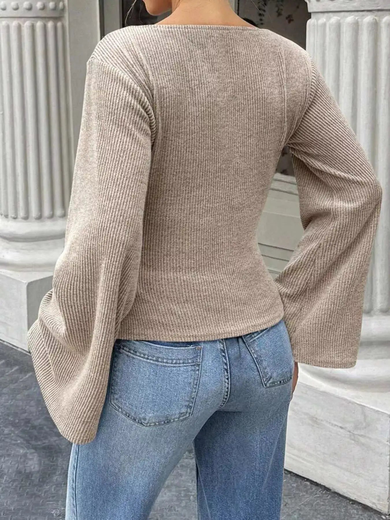 Ribbed Flare Sleeve Top with Ruched Detail by Trendsi