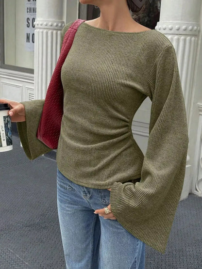 Ribbed Flare Sleeve Top with Ruched Detail by Trendsi