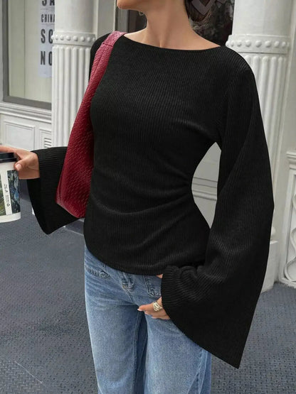 Ribbed Flare Sleeve Top with Ruched Detail by Trendsi
