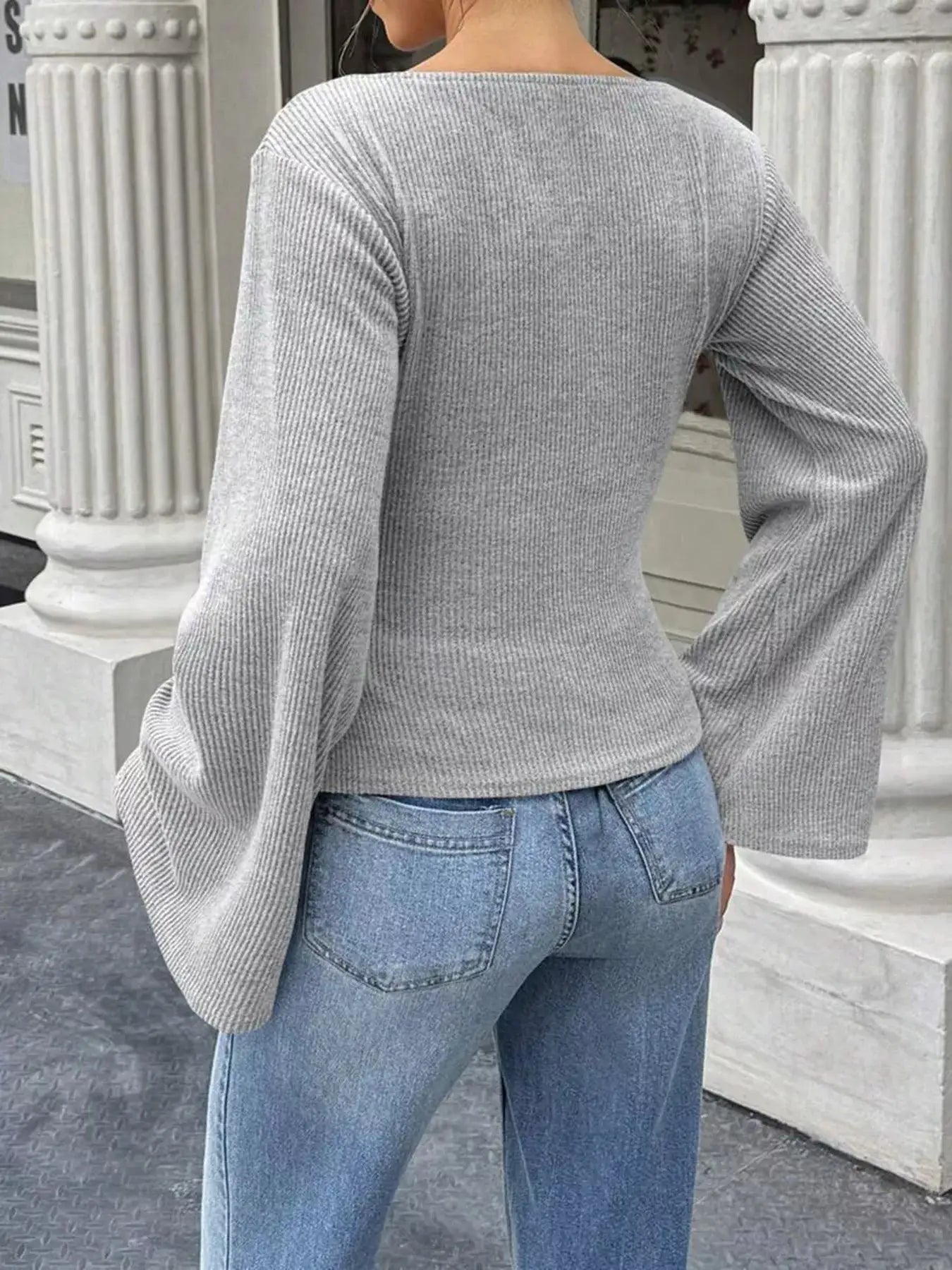 Ribbed Flare Sleeve Top with Ruched Detail by Trendsi