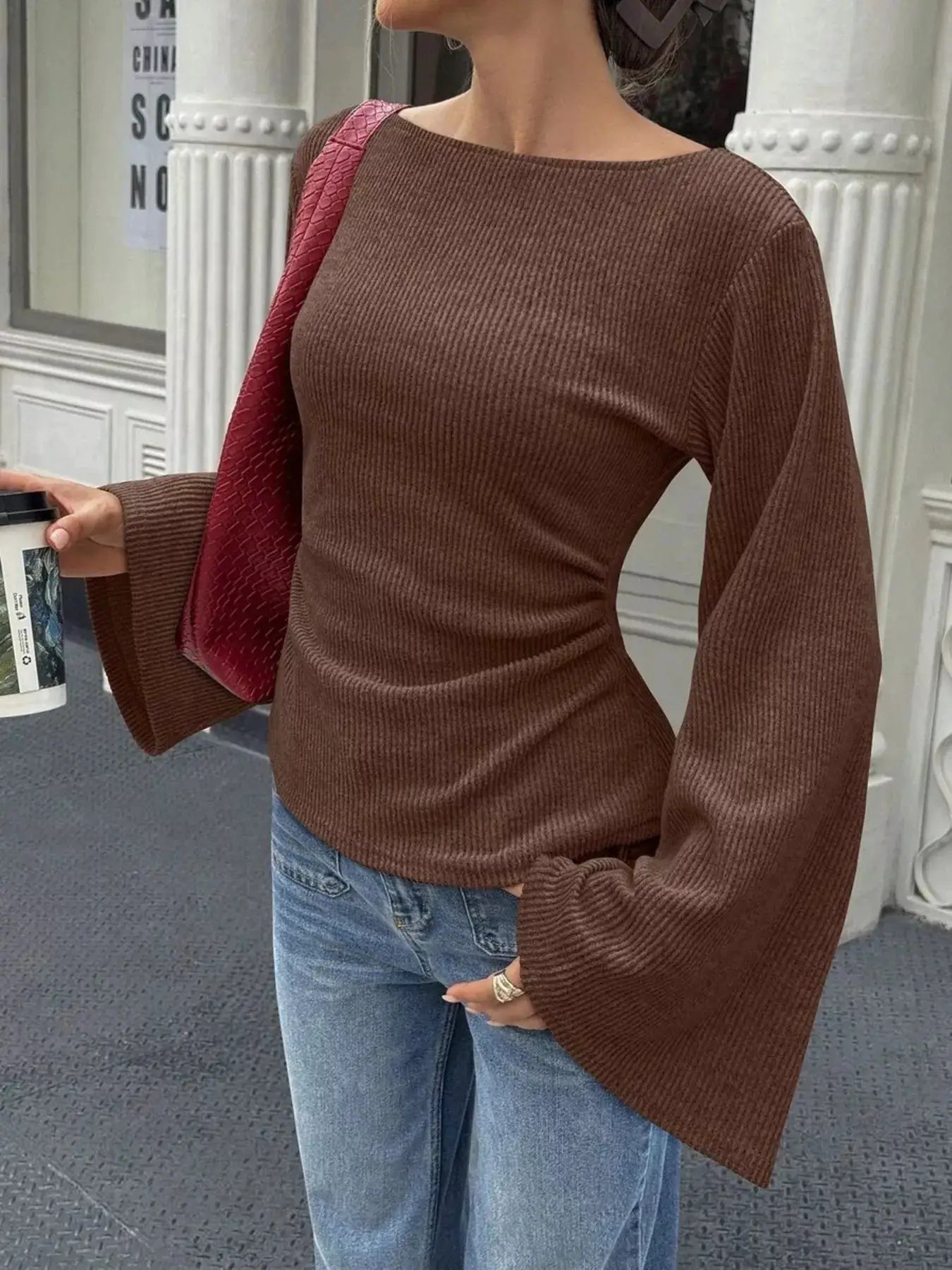 Ribbed Flare Sleeve Top with Ruched Detail by Trendsi