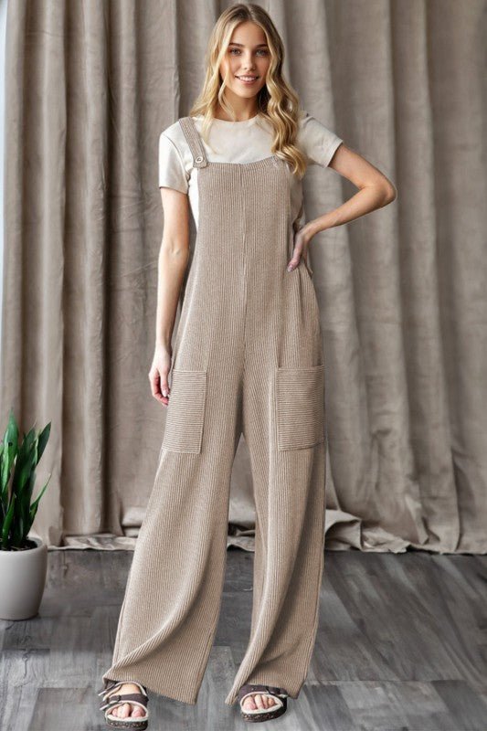 Ribbed Knit Patch Pocket Wide Leg Overalls - Bitsy Gypsy Boutique