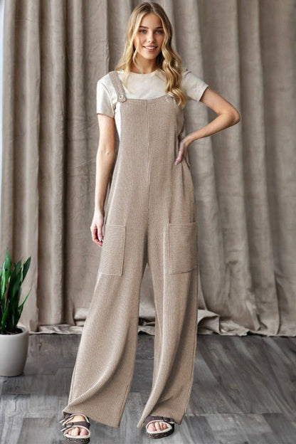 Ribbed Knit Patch Pocket Wide Leg Overalls - Bitsy Gypsy Boutique