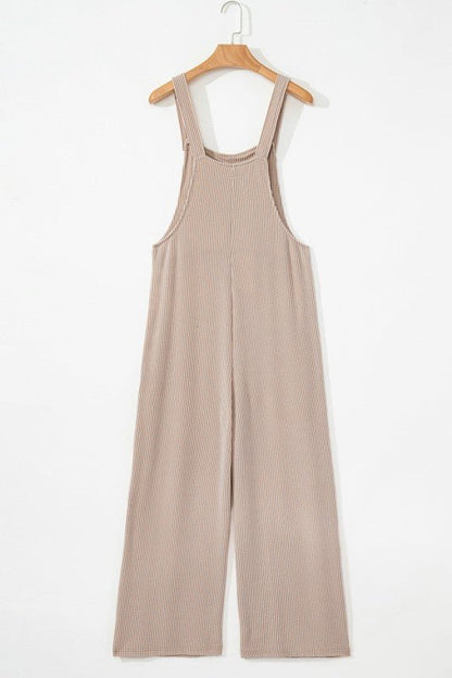 Ribbed Knit Patch Pocket Wide Leg Overalls - Bitsy Gypsy Boutique