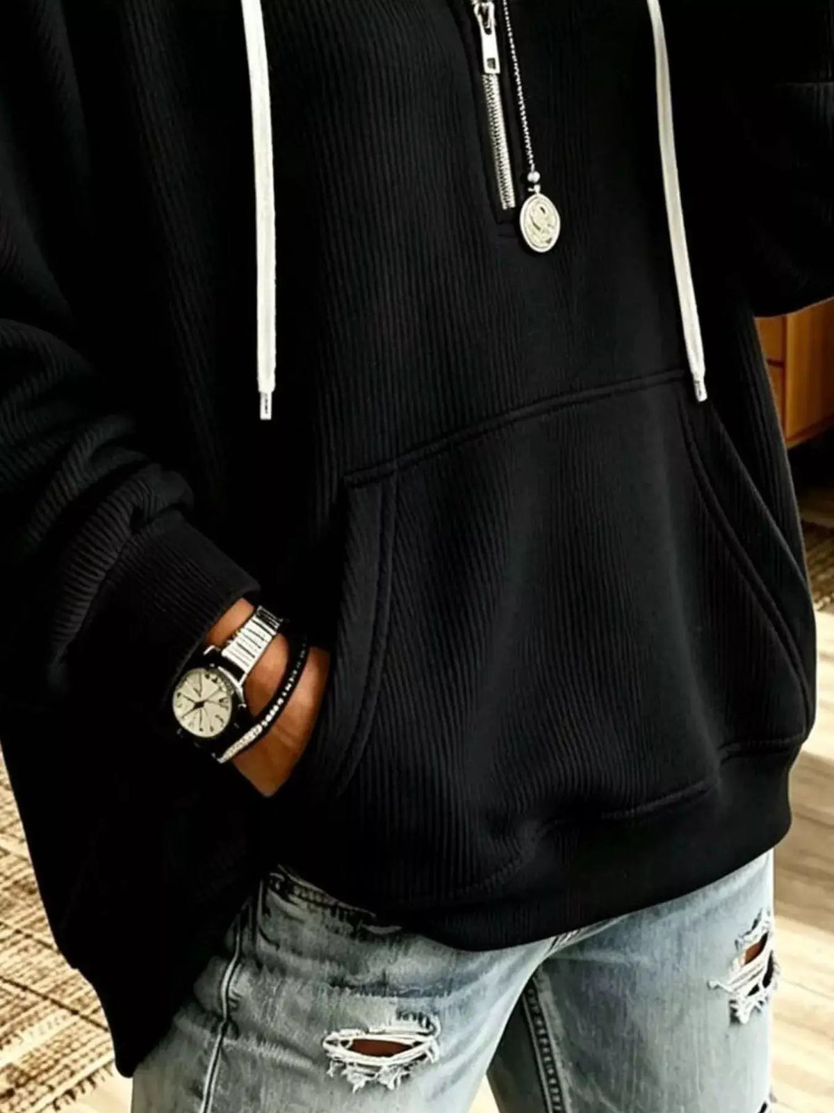 Ribbed Knit Quarter-Zip Hoodie with Kangaroo Pocket - Bitsy Gypsy Boutique