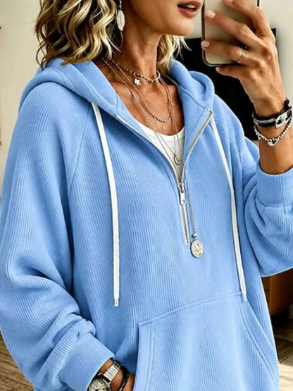 Ribbed Knit Quarter-Zip Hoodie with Kangaroo Pocket - Bitsy Gypsy Boutique