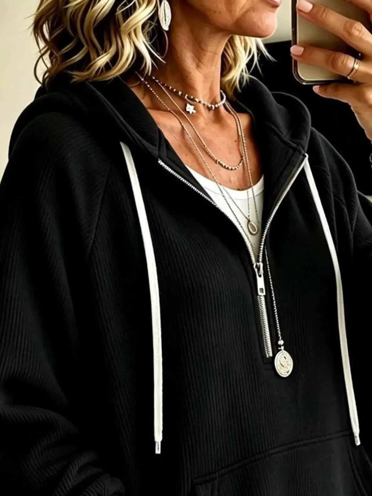 Ribbed Knit Quarter-Zip Hoodie with Kangaroo Pocket - Bitsy Gypsy Boutique