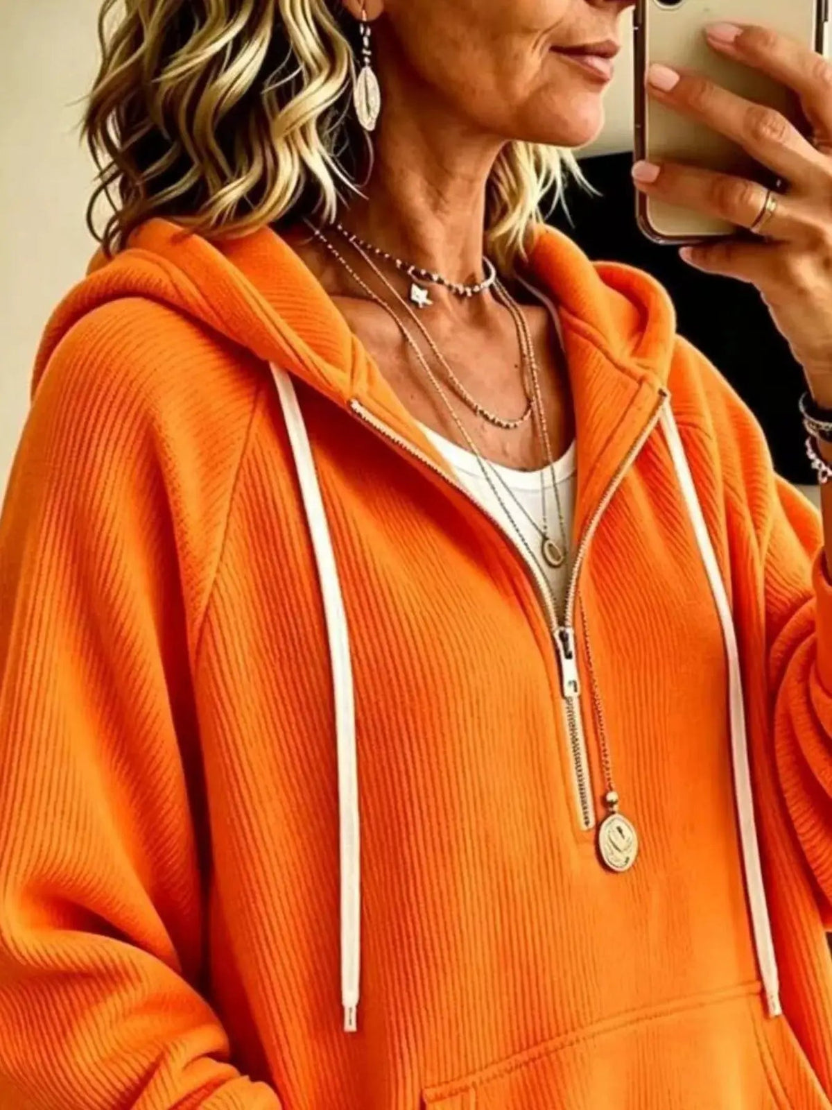Ribbed Knit Quarter-Zip Hoodie with Kangaroo Pocket - Bitsy Gypsy Boutique