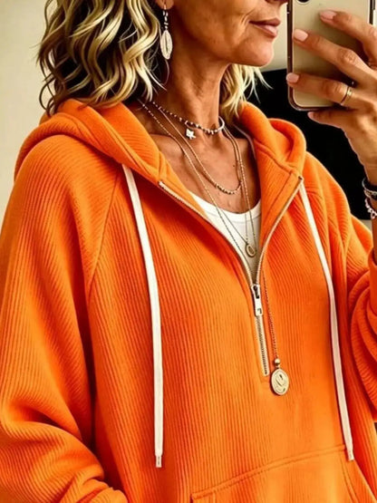 Ribbed Knit Quarter-Zip Hoodie with Kangaroo Pocket - Bitsy Gypsy Boutique