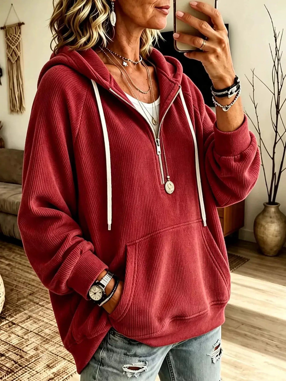 Ribbed Knit Quarter-Zip Hoodie with Kangaroo Pocket - Bitsy Gypsy Boutique