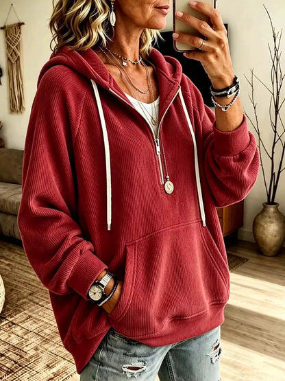 Ribbed Knit Quarter-Zip Hoodie with Kangaroo Pocket - Bitsy Gypsy Boutique