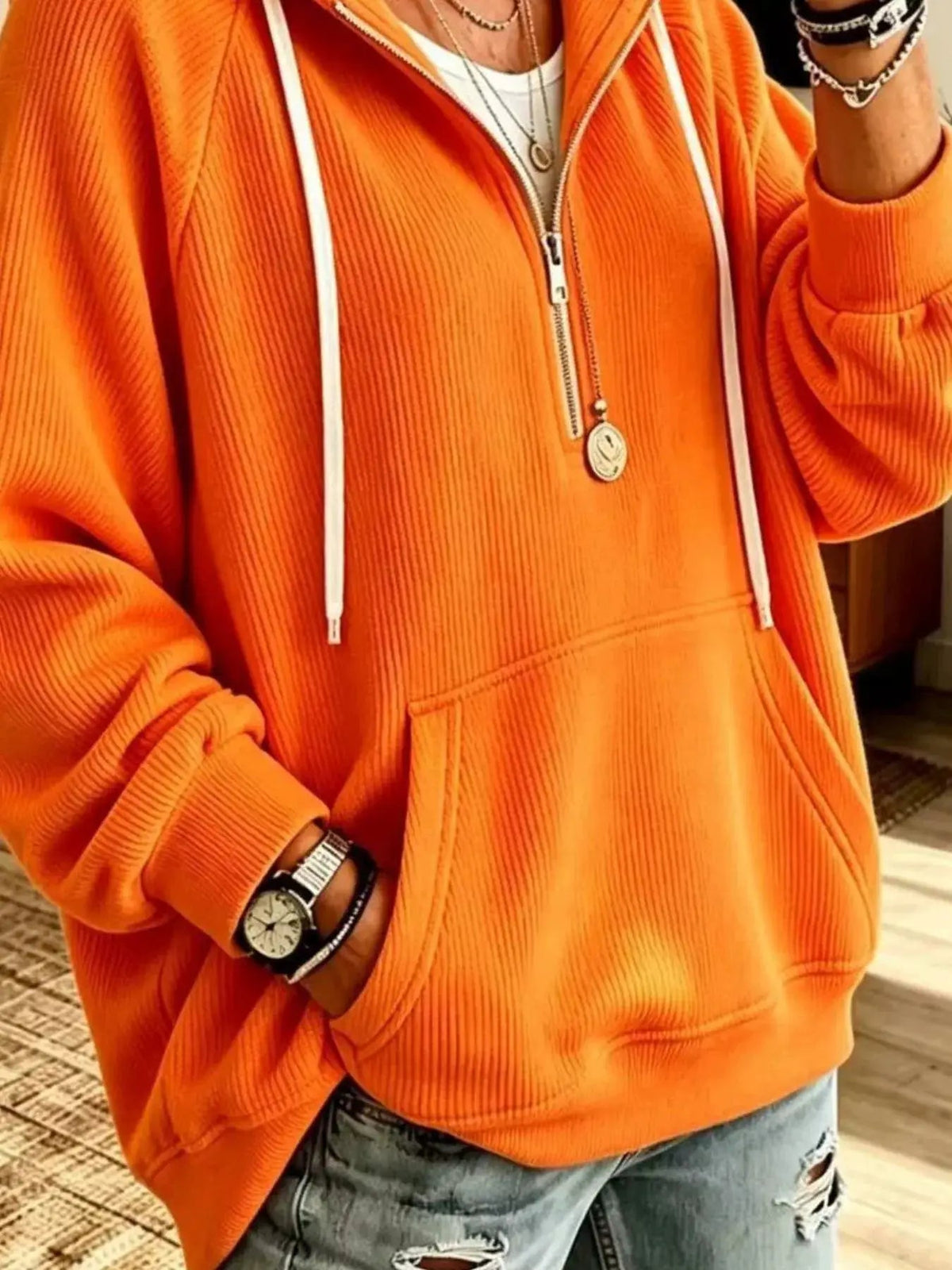Ribbed Knit Quarter-Zip Hoodie with Kangaroo Pocket - Bitsy Gypsy Boutique