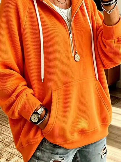 Ribbed Knit Quarter-Zip Hoodie with Kangaroo Pocket - Bitsy Gypsy Boutique