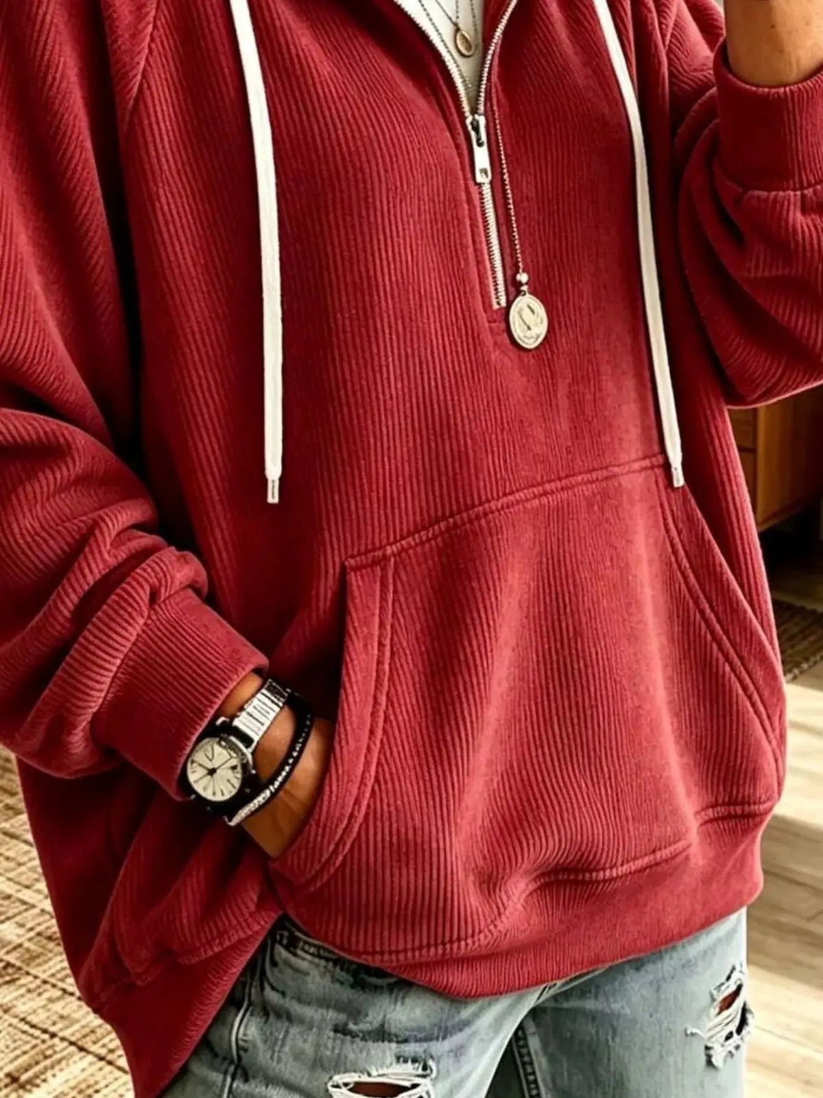 Ribbed Knit Quarter-Zip Hoodie with Kangaroo Pocket - Bitsy Gypsy Boutique