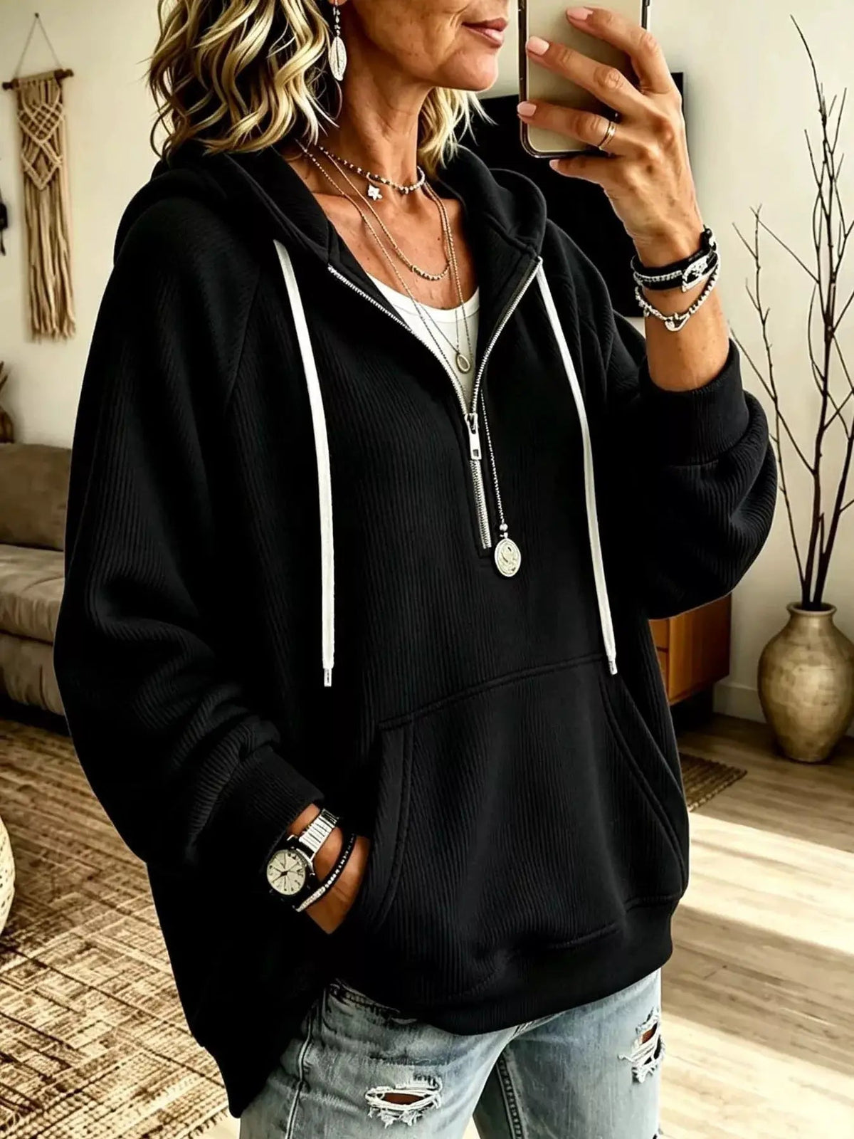 Ribbed Knit Quarter-Zip Hoodie with Kangaroo Pocket - Bitsy Gypsy Boutique