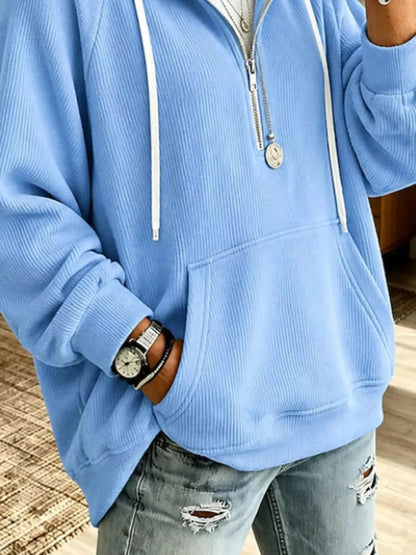 Ribbed Knit Quarter-Zip Hoodie with Kangaroo Pocket - Bitsy Gypsy Boutique
