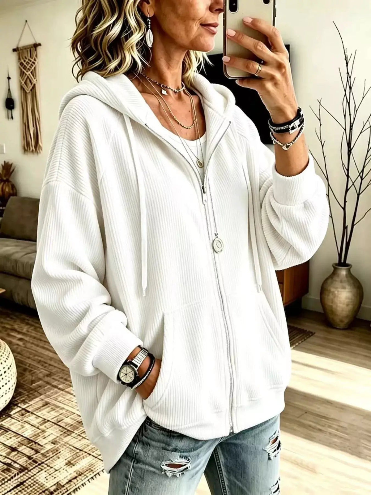 Ribbed Knit Quarter-Zip Hoodie with Kangaroo Pocket - Bitsy Gypsy Boutique