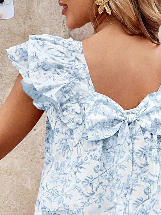 Ribbon Back Blue Floral Viscose Blouse - Bitsy Gypsy Boutique