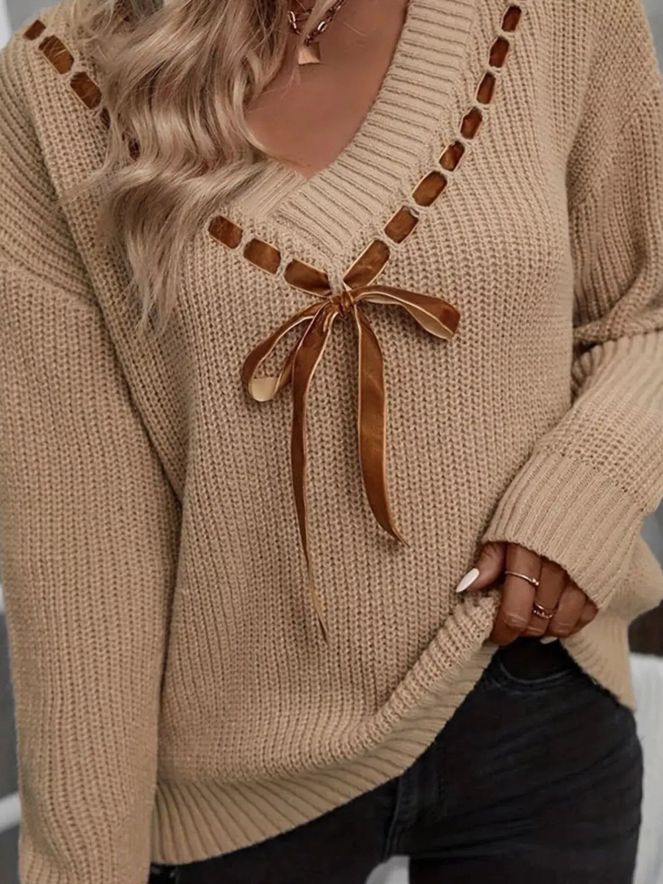 Ribbon Tie V-Neck Sweater - Bitsy Gypsy Boutique