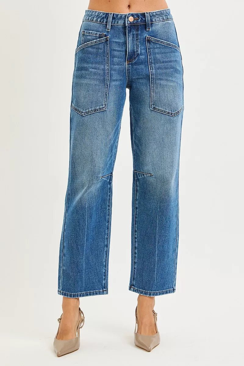 RISEN 4 Way Stretch Mid Rise Barrel Jeans with Patch Pocket Detail - Bitsy Gypsy Boutique