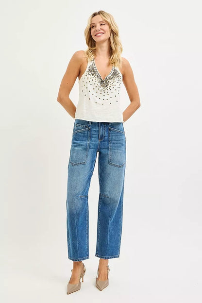 RISEN 4 Way Stretch Mid Rise Barrel Jeans with Patch Pocket Detail - Bitsy Gypsy Boutique