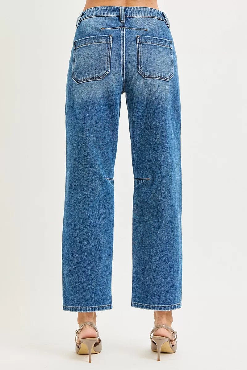 RISEN 4 Way Stretch Mid Rise Barrel Jeans with Patch Pocket Detail - Bitsy Gypsy Boutique