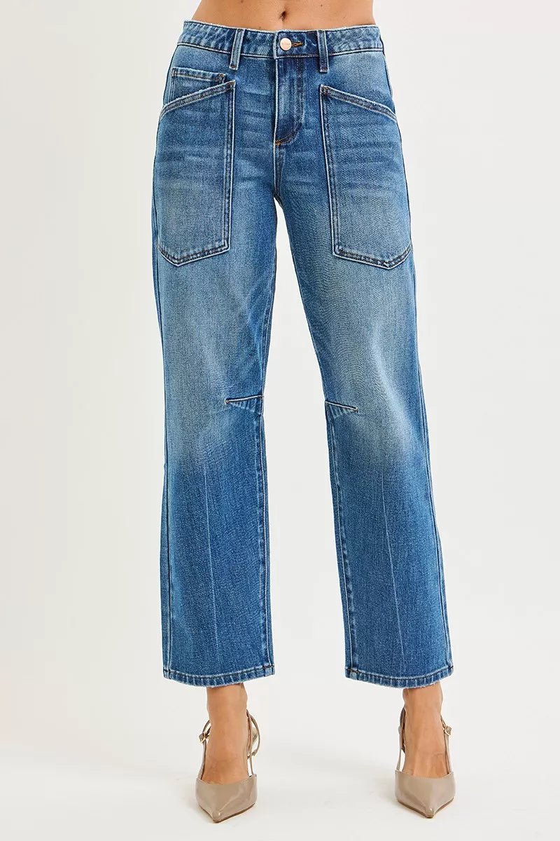 RISEN 4 Way Stretch Mid Rise Barrel Jeans with Patch Pocket Detail - Bitsy Gypsy Boutique