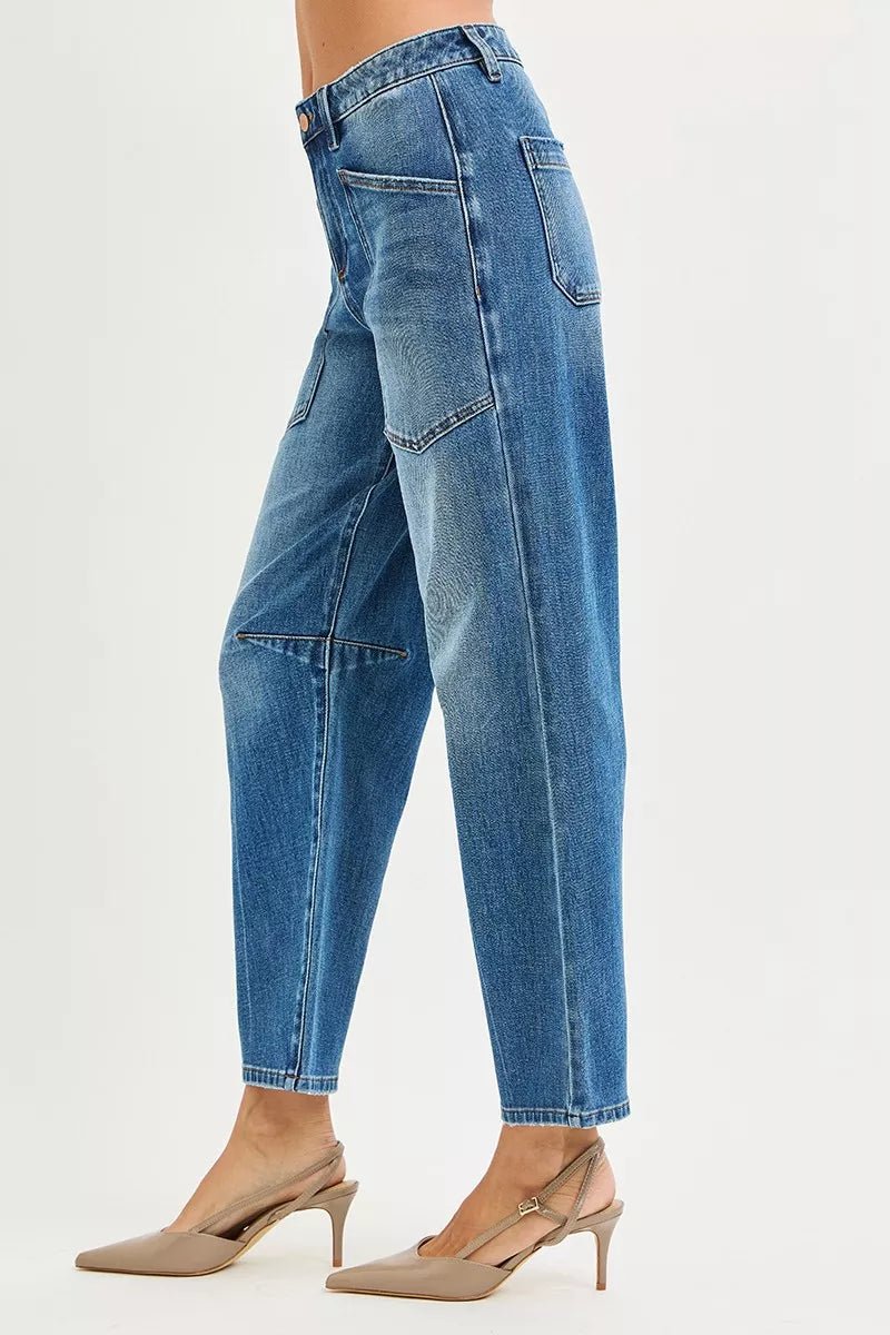 RISEN 4 Way Stretch Mid Rise Barrel Jeans with Patch Pocket Detail - Bitsy Gypsy Boutique