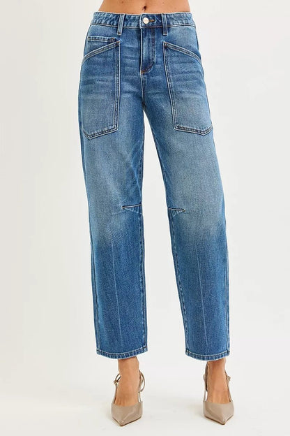 RISEN 4 Way Stretch Mid Rise Barrel Jeans with Patch Pocket Detail - Bitsy Gypsy Boutique