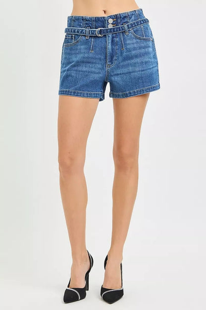 RISEN Double Button Slouchy Denim Shorts with Belt - Bitsy Gypsy Boutique