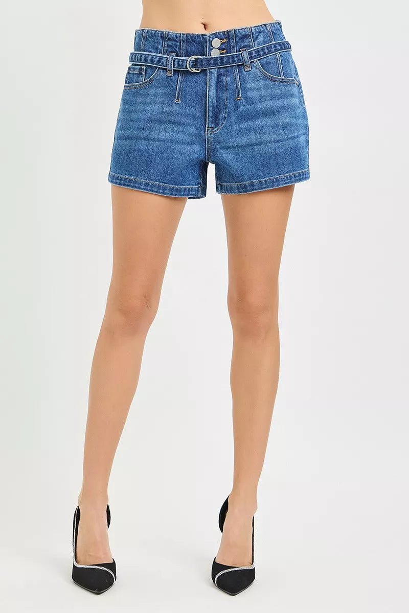 RISEN Double Button Slouchy Denim Shorts with Belt - Bitsy Gypsy Boutique