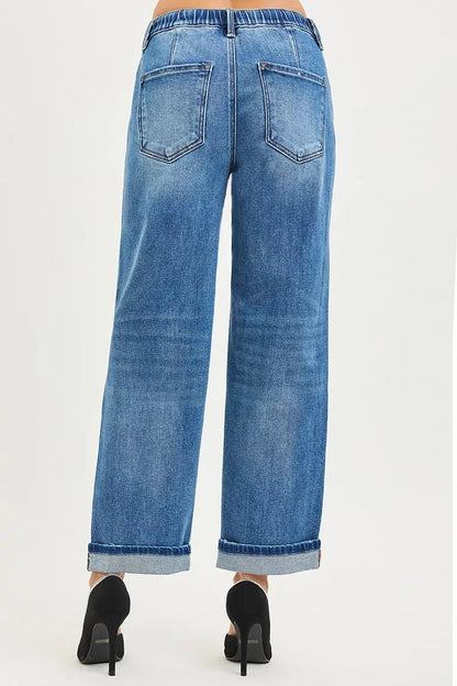 RISEN Elastic Band Slouch Ankle Boyfriend Cuffed Hem Jeans - Bitsy Gypsy Boutique