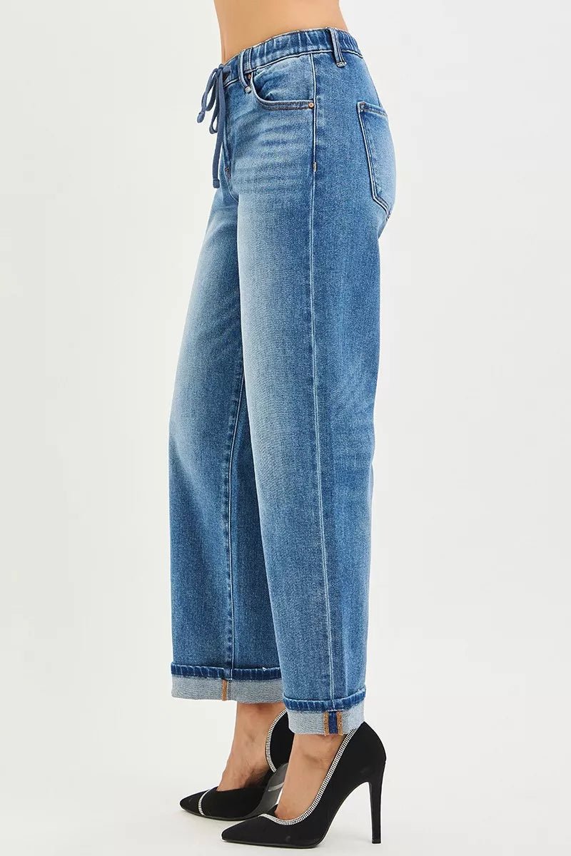 RISEN Elastic Band Slouch Ankle Boyfriend Cuffed Hem Jeans - Bitsy Gypsy Boutique