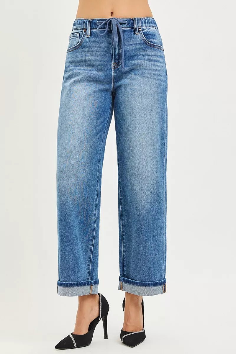 RISEN Elastic Band Slouch Ankle Boyfriend Cuffed Hem Jeans - Bitsy Gypsy Boutique