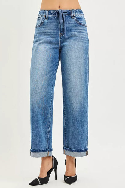 RISEN Elastic Band Slouch Ankle Boyfriend Cuffed Hem Jeans - Bitsy Gypsy Boutique