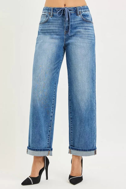 RISEN Elastic Band Slouch Ankle Boyfriend Cuffed Hem Jeans - Bitsy Gypsy Boutique