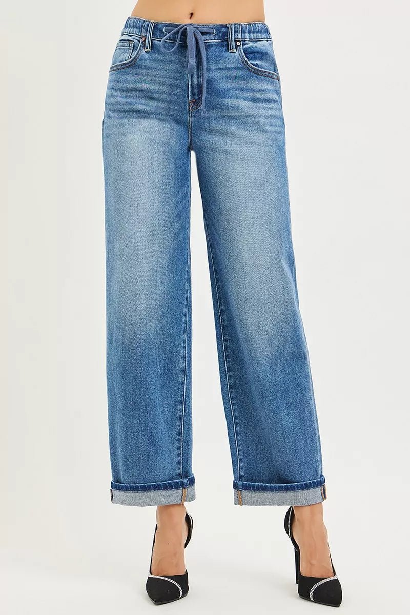 RISEN Elastic Band Slouch Ankle Boyfriend Cuffed Hem Jeans - Bitsy Gypsy Boutique