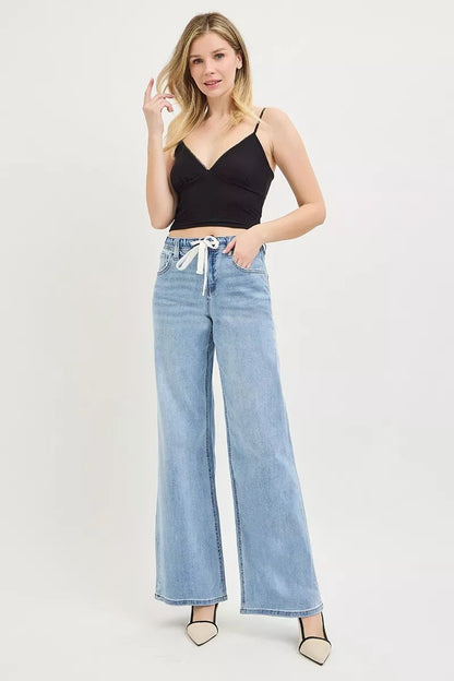 RISEN Elastic Band Slouchy Wide Jeans with Drawstring - Bitsy Gypsy Boutique