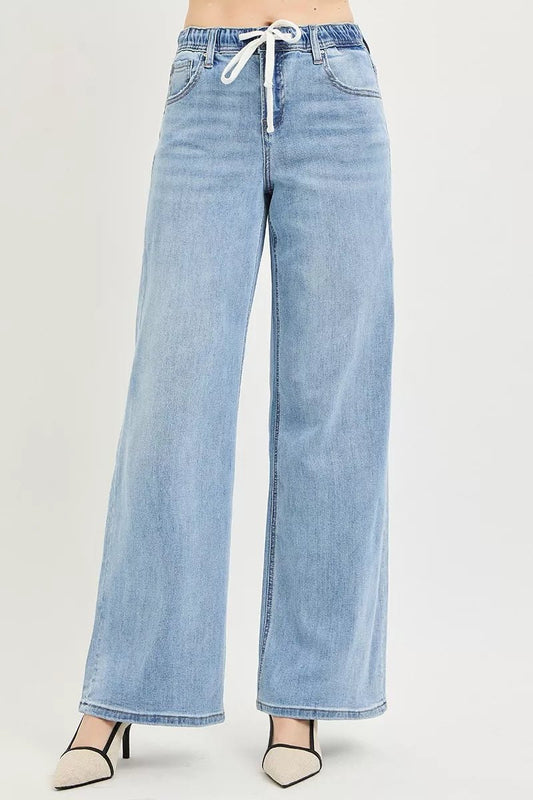 RISEN Elastic Band Slouchy Wide Jeans with Drawstring - Bitsy Gypsy Boutique