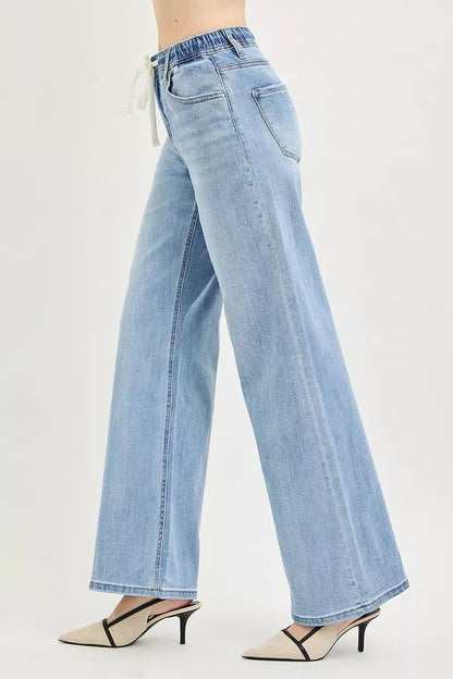 RISEN Elastic Band Slouchy Wide Jeans with Drawstring - Bitsy Gypsy Boutique